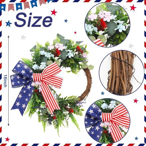 Suncalla Patriotic Wreath for Front Door Red White Blue Flowers Outdoor 250th Anniversary 4th of July American Flag Bow Wreath for Independence Day Memorial Day Inside Outside Home Decor in Kuwait
