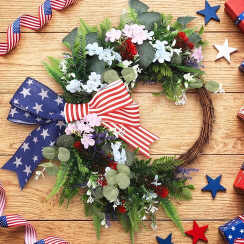 Suncalla Patriotic Wreath for Front Door Red White Blue Flowers Outdoor 250th Anniversary 4th of July American Flag Bow Wreath for Independence Day Memorial Day Inside Outside Home Decor in Kuwait