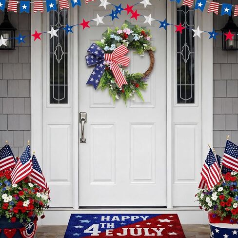 Suncalla Patriotic Wreath for Front Door Red White Blue Flowers Outdoor 250th Anniversary 4th of July American Flag Bow Wreath for Independence Day Memorial Day Inside Outside Home Decor in Kuwait