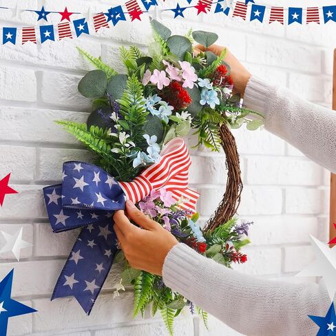 Suncalla Patriotic Wreath for Front Door Red White Blue Flowers Outdoor 250th Anniversary 4th of July American Flag Bow Wreath for Independence Day Memorial Day Inside Outside Home Decor in Kuwait