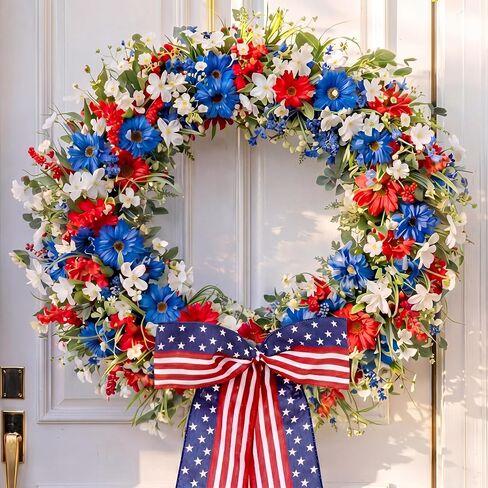 Suncalla Patriotic Wreath for Front Door Red White Blue Flowers Outdoor 250th Anniversary 4th of July American Flag Bow Wreath for Independence Day Memorial Day Inside Outside Home Decor in Kuwait
