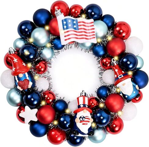 Valery Madelyn 4th of July Ball Wreath for Front Door with Lights, Red White Blue Patriotic Gnome Wreath Memorial Day Decorations with Ball Ornaments for USA 250th Anniversary Summer, 13" in Kuwait