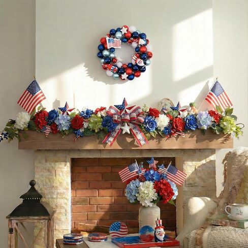 Valery Madelyn 4th of July Ball Wreath for Front Door with Lights, Red White Blue Patriotic Gnome Wreath Memorial Day Decorations with Ball Ornaments for USA 250th Anniversary Summer, 13" in Kuwait