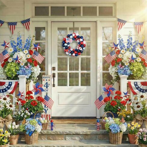 Valery Madelyn 4th of July Ball Wreath for Front Door with Lights, Red White Blue Patriotic Gnome Wreath Memorial Day Decorations with Ball Ornaments for USA 250th Anniversary Summer, 13" in Kuwait