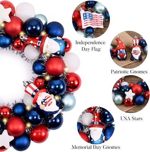 Valery Madelyn 4th of July Ball Wreath for Front Door with Lights, Red White Blue Patriotic Gnome Wreath Memorial Day Decorations with Ball Ornaments for USA 250th Anniversary Summer, 13" in Kuwait