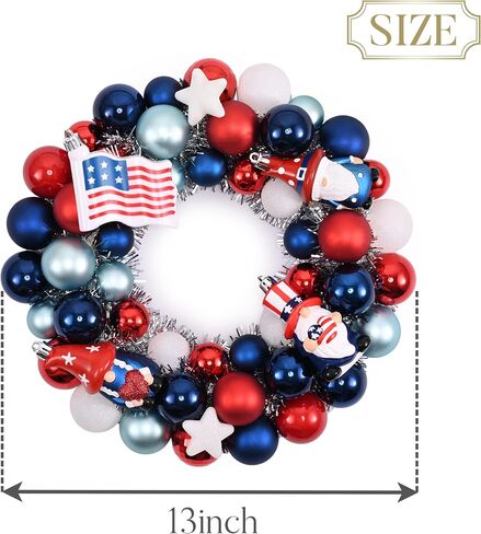 Valery Madelyn 4th of July Ball Wreath for Front Door with Lights, Red White Blue Patriotic Gnome Wreath Memorial Day Decorations with Ball Ornaments for USA 250th Anniversary Summer, 13" in Kuwait