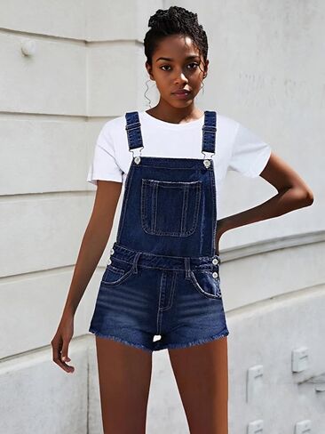 LONGYIDA Overall Shorts for Women Adjustable Straps Stretch Denim Bib Overalls Short Frayed Raw Hem Rompers in Saudi Arabia