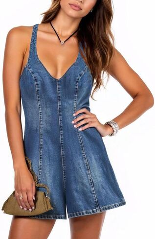 Women's Summer Denim Jumpsuit Sleeveless Backless Romper Halter Neck One Piece Wide Leg Overalls Jean Shorts in Saudi Arabia