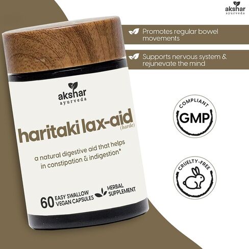 AKSHAR Ayurveda - Haritaki Lax Aid Capsules for Natural Constipation Relief & Indigestion Support - Plant Based Digestive Aid for Regularity & Gentle Rejuvenation - Vegan Cruelty Free (60 Count) in Saudi Arabia