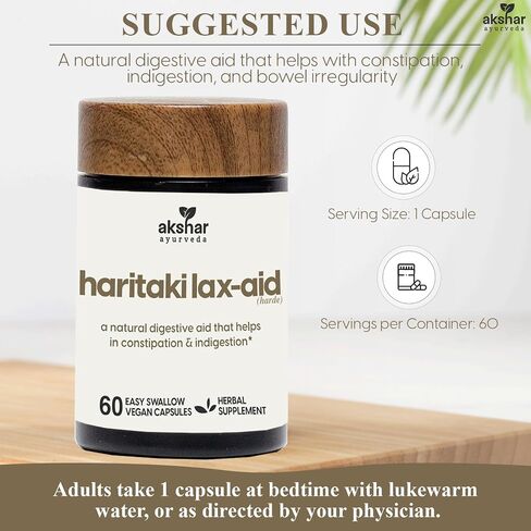 AKSHAR Ayurveda - Haritaki Lax Aid Capsules for Natural Constipation Relief & Indigestion Support - Plant Based Digestive Aid for Regularity & Gentle Rejuvenation - Vegan Cruelty Free (60 Count) in Saudi Arabia