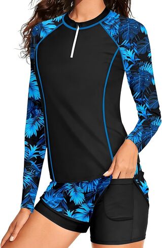 بدلة سباحة للفتيات من Rash Guard قطعتين بسحاب ربع كم طويل للحماية من الشمس بدلة استحمام + شورت سباحة للفتيات من 9 إلى 16 سنة in Kuwait