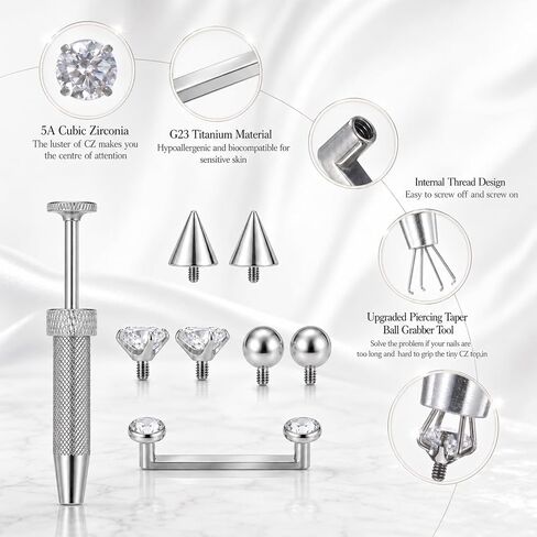 14G Titanium Surface Piercing Jewelry with 6 pcs Replacement Balls & Grabber Tool Double Crystal Internally Threaded Surface Tragus Staple Bar 14mm Flat Bar Unisex Body Jewelry in Kuwait