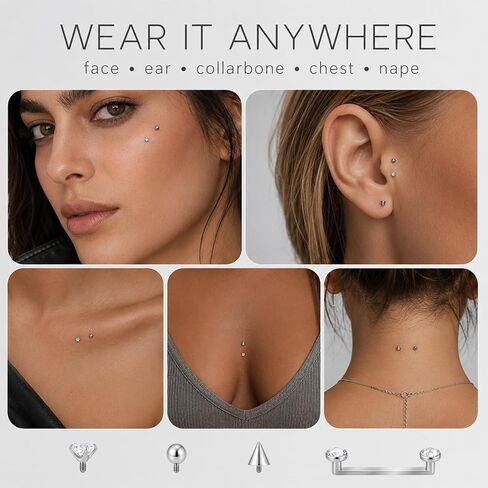 14G Titanium Surface Piercing Jewelry with 6 pcs Replacement Balls & Grabber Tool Double Crystal Internally Threaded Surface Tragus Staple Bar 14mm Flat Bar Unisex Body Jewelry in Kuwait