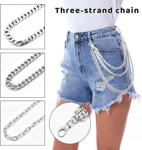 Punk Pants Chain (3-Layer), Suitable For Street Dance Performances, Hip-Hop Pants Chains, Waist Chains, Wallets, And Jeans Chains; Unisex (Silver). in Saudi Arabia