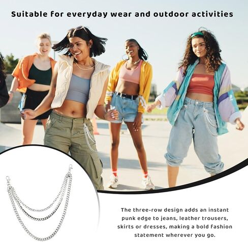 Punk Pants Chain (3-Layer), Suitable For Street Dance Performances, Hip-Hop Pants Chains, Waist Chains, Wallets, And Jeans Chains; Unisex (Silver). in Saudi Arabia