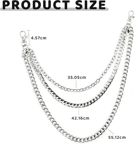 Punk Pants Chain (3-Layer), Suitable For Street Dance Performances, Hip-Hop Pants Chains, Waist Chains, Wallets, And Jeans Chains; Unisex (Silver). in Saudi Arabia
