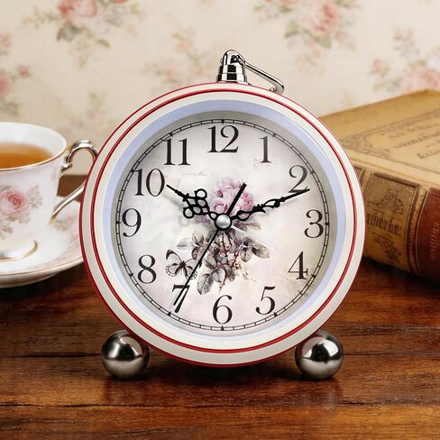 5.3" Retro Alarm Clock Elegant, Silent Non-Ticking Vintage Bedside Clock Battery Operated for Shabby Chic Decor, Small Desk Clocks for Living Room, Bedroom, Shelf, Home Decor Gift Clock (White Flower) in Saudi Arabia