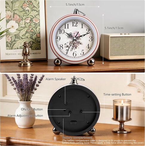 5.3" Retro Alarm Clock Elegant, Silent Non-Ticking Vintage Bedside Clock Battery Operated for Shabby Chic Decor, Small Desk Clocks for Living Room, Bedroom, Shelf, Home Decor Gift Clock (White Flower) in Saudi Arabia