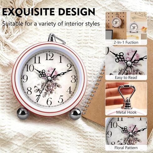 5.3" Retro Alarm Clock Elegant, Silent Non-Ticking Vintage Bedside Clock Battery Operated for Shabby Chic Decor, Small Desk Clocks for Living Room, Bedroom, Shelf, Home Decor Gift Clock (White Flower) in Saudi Arabia
