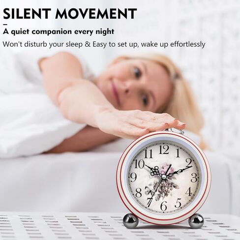 5.3" Retro Alarm Clock Elegant, Silent Non-Ticking Vintage Bedside Clock Battery Operated for Shabby Chic Decor, Small Desk Clocks for Living Room, Bedroom, Shelf, Home Decor Gift Clock (White Flower) in Saudi Arabia