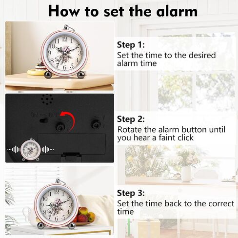 5.3" Retro Alarm Clock Elegant, Silent Non-Ticking Vintage Bedside Clock Battery Operated for Shabby Chic Decor, Small Desk Clocks for Living Room, Bedroom, Shelf, Home Decor Gift Clock (White Flower) in Saudi Arabia
