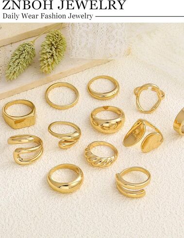 12 PCS Chunky Gold Stackable Rings for Women Non Tarnish 18K Gold Plated Statement Ring Stack Set Silver Adjustable Stacking Thumb Knuckle Band Dainty Open Rings Signet Cute Jewelry Gift in Saudi Arabia