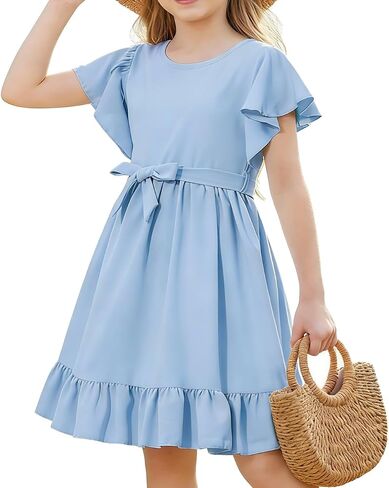 RETSUGO Girl Spring Summer Dresses Butterfly Sleeve Cotton A Line Ruffles School Dress for 6-14 Years Kids in Kuwait