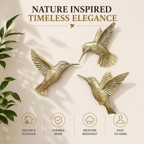 GUSFREUD 3D Hummingbird Wall Decor Set - Brass Resin Bird Wall Decor for Living Room, Bedroom and Gallery Walls - Vintage Gold - Set of 3 in Saudi Arabia