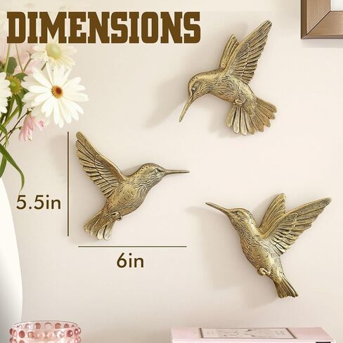 GUSFREUD 3D Hummingbird Wall Decor Set - Brass Resin Bird Wall Decor for Living Room, Bedroom and Gallery Walls - Vintage Gold - Set of 3 in Saudi Arabia