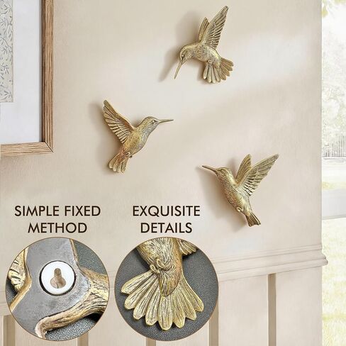 GUSFREUD 3D Hummingbird Wall Decor Set - Brass Resin Bird Wall Decor for Living Room, Bedroom and Gallery Walls - Vintage Gold - Set of 3 in Saudi Arabia