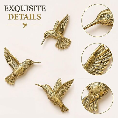GUSFREUD 3D Hummingbird Wall Decor Set - Brass Resin Bird Wall Decor for Living Room, Bedroom and Gallery Walls - Vintage Gold - Set of 3 in Saudi Arabia