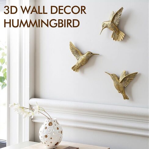 GUSFREUD 3D Hummingbird Wall Decor Set - Brass Resin Bird Wall Decor for Living Room, Bedroom and Gallery Walls - Vintage Gold - Set of 3 in Saudi Arabia