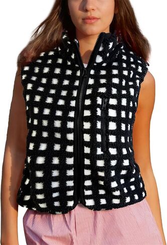 Songling Women's Checkered Sherpa Vest Fleece Winter Sleeveless Coat Zip Front High Neck Plaid Gilet with Chest Pockets in Saudi Arabia