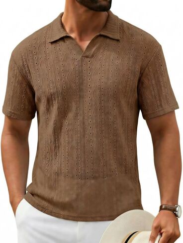 Mens Casual V Neck Polo Shirt Summer Short Sleeve Hollow Out Textured Shirt Classic Collared Beach Vacation Top in Kuwait