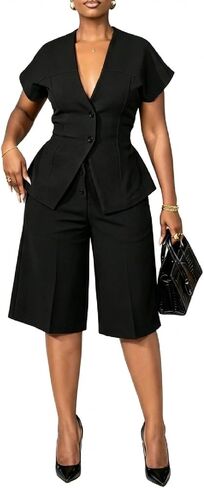 Seltaon Women 2 Piece Matching Sets Summer Shorts Suit Short Sleeve Blazer Knee-Length Pants Sets Business Casual Outfit in Kuwait