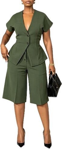 Seltaon Women 2 Piece Matching Sets Summer Shorts Suit Short Sleeve Blazer Knee-Length Pants Sets Business Casual Outfit in Kuwait
