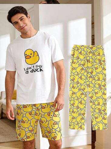Men Pajama Set 3 Piece Funny Duck Print T-Shirt Shorts and Pants Lounge Sleepwear Set in Kuwait