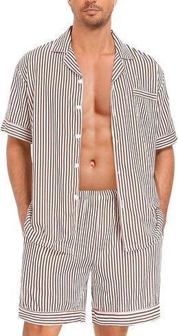 SWOMOG Men Pajama Set Short Sleeve Summer Pjs Button Down Sleepwear Soft Pajama Shorts 2 Piece Loungewear with Pockets in Kuwait