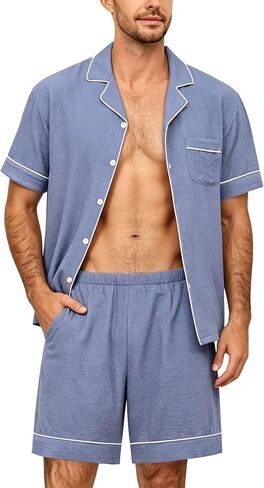 SWOMOG Men Pajama Set Short Sleeve Summer Pjs Button Down Sleepwear Soft Pajama Shorts 2 Piece Loungewear with Pockets in Kuwait
