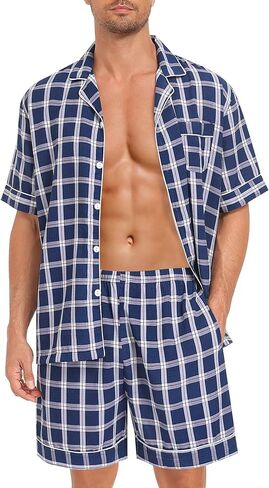 SWOMOG Men Pajama Set Short Sleeve Summer Pjs Button Down Sleepwear Soft Pajama Shorts 2 Piece Loungewear with Pockets in Kuwait