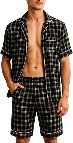 SWOMOG Men Pajama Set Short Sleeve Summer Pjs Button Down Sleepwear Soft Pajama Shorts 2 Piece Loungewear with Pockets in Kuwait