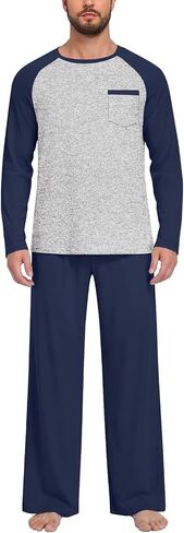 Anyhold Mens Pajamas Sets Lightweight Loungewear Long Sleeve Soft Pjs with Pocket in Kuwait