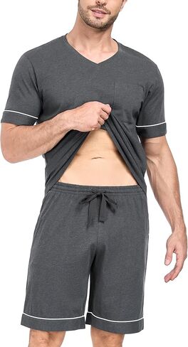 EA'S SECRET 100% Cotton Mens Pajamas Set Men's Sleepwear Short Sleeve Shirts Soft Lightweight V-Neck Pjs Set Loungewear Knit in Saudi Arabia