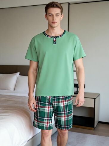 Men's Short Sleeve Pajama Set with Henley Neckline Soft Lounge Sleepwear Casual T-Shirt and Shorts Homewear for Summer in Kuwait