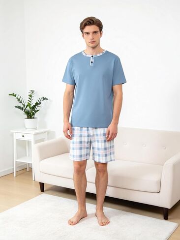 Men's Short Sleeve Pajama Set with Henley Neckline Soft Lounge Sleepwear Casual T-Shirt and Shorts Homewear for Summer in Kuwait