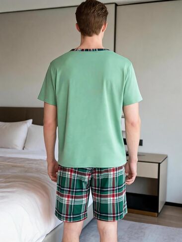 Men's Short Sleeve Pajama Set with Henley Neckline Soft Lounge Sleepwear Casual T-Shirt and Shorts Homewear for Summer in Kuwait