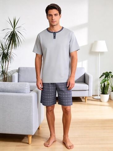 Men's Short Sleeve Pajama Set with Henley Neckline Soft Lounge Sleepwear Casual T-Shirt and Shorts Homewear for Summer in Kuwait