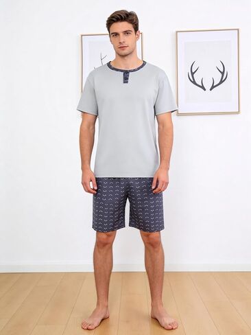Men's Short Sleeve Pajama Set with Henley Neckline Soft Lounge Sleepwear Casual T-Shirt and Shorts Homewear for Summer in Kuwait