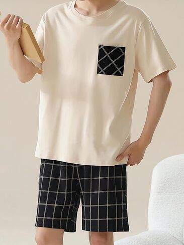 Men's Summer Pajamas Men Short Sleeves Shorts Sleepwear Men Round Collar Pajamas Set in Kuwait