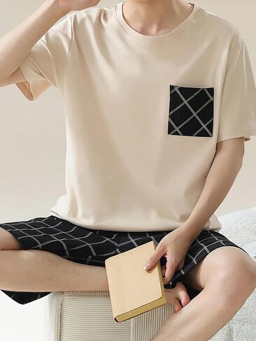 Men's Summer Pajamas Men Short Sleeves Shorts Sleepwear Men Round Collar Pajamas Set in Kuwait